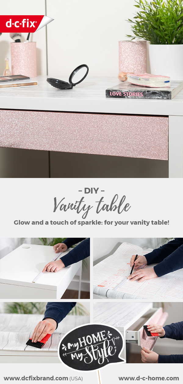 DIY upcycling: redesigned vanity table with Shabby Wood and Glitter Rose d-c-fix® adhesive foils
