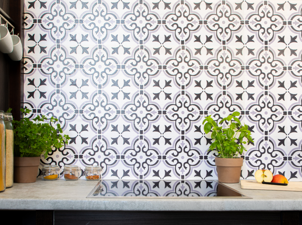 Give your kitchen wall a tiled look featuring an ornamental floral pattern.